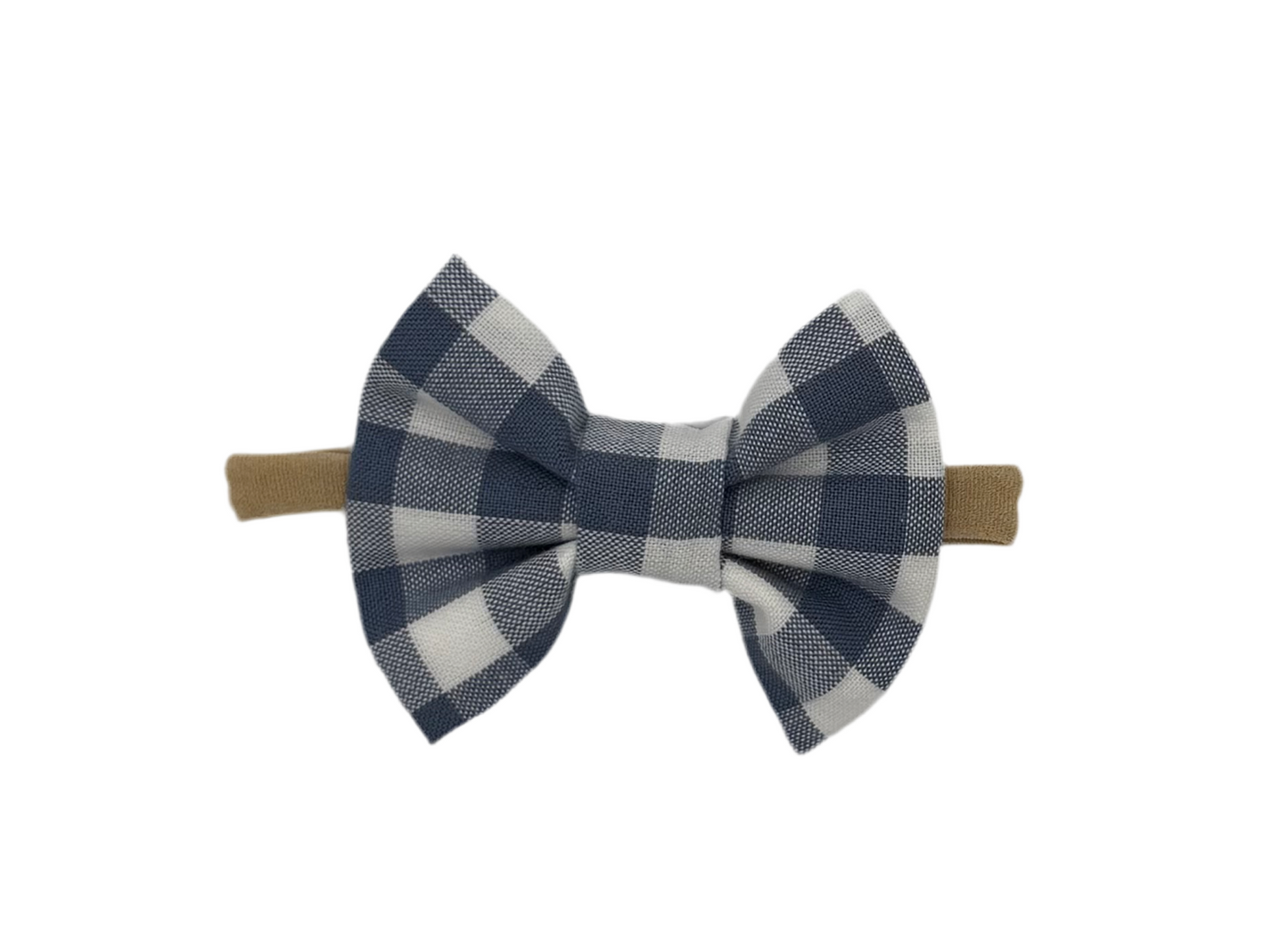 Gingham Blue Nylon Headband Bow